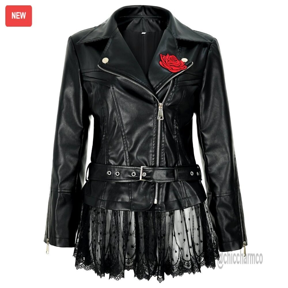 Faux leather lace moto jacket with peplum rose vintage riding coat